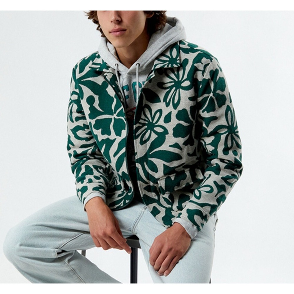 PacSun Men's Size Large Green Floral Tapestry Zip Up Jacket Botanical Pattern